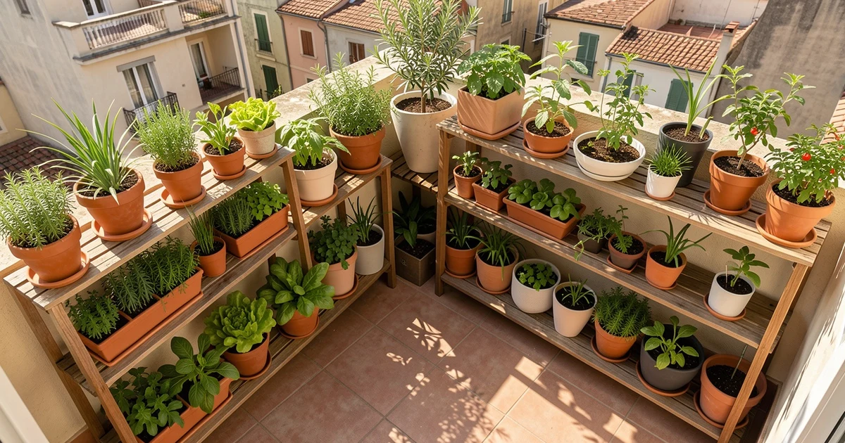 Urban terrace with pots of herbs and vegetables in the morning sun