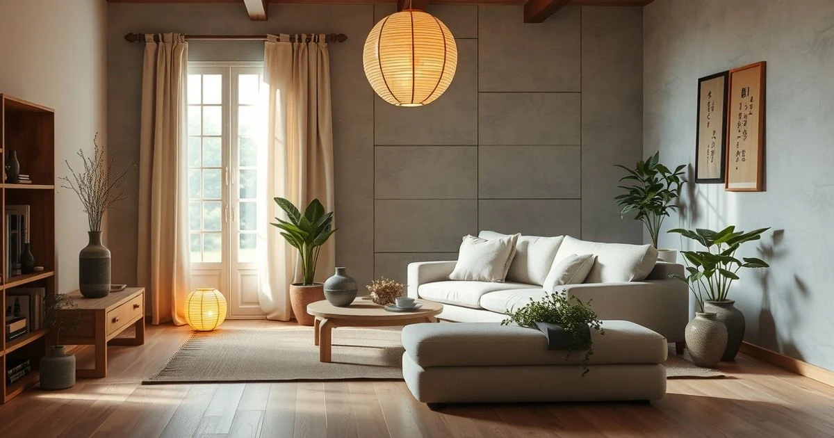 Living room with minimalist Wabi Sabi aesthetic