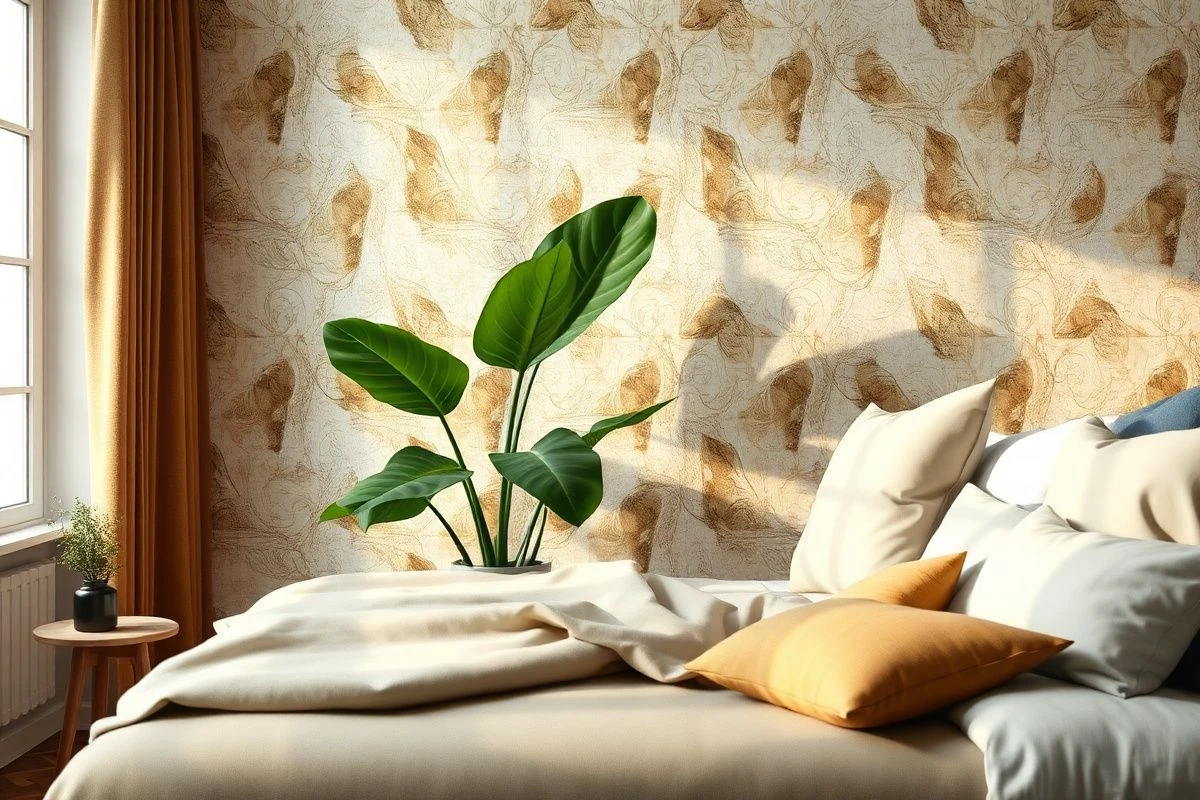 Rincón del dormitorio con papel pintado abstracto y planta verde natural
