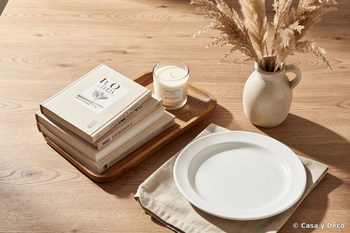 Composición minimalista con libros, vela y accesorios neutros