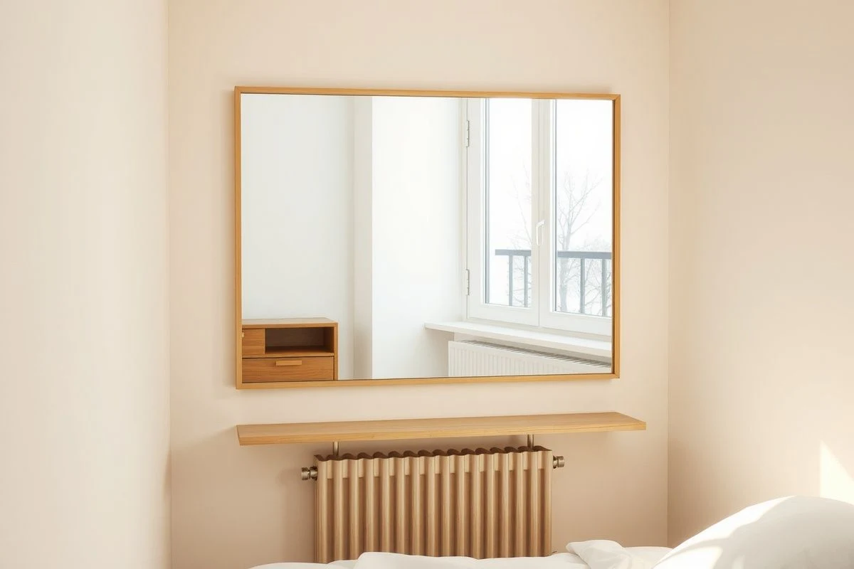 Large mirror reflecting natural light in a small bedroom
