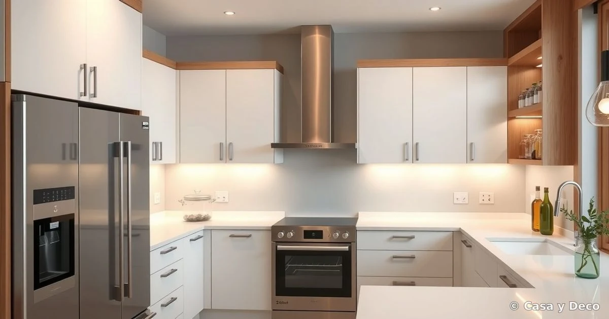 Cocina minimalista sin tiradores con frontales lisos.