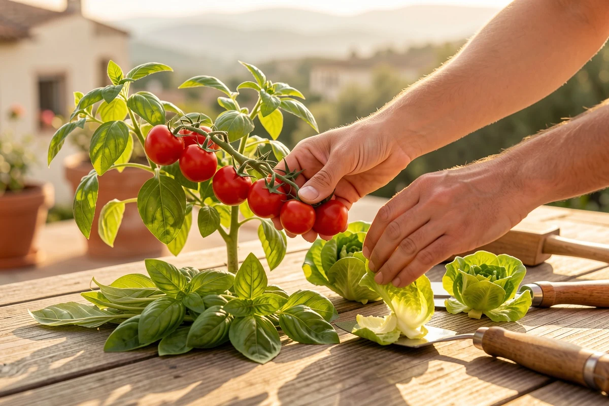 Cosecha de tomates cherry y hierbas frescas de un huerto urbano en terraza
